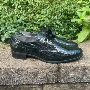 Vintage Jean Thiot Black Patent Croc Embossed Loafers Ribbon Tie Size 42